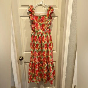Peyton &‎ Parker dress 100% Cotton Pink Floral Ruffle Smocked Bib Tie size M